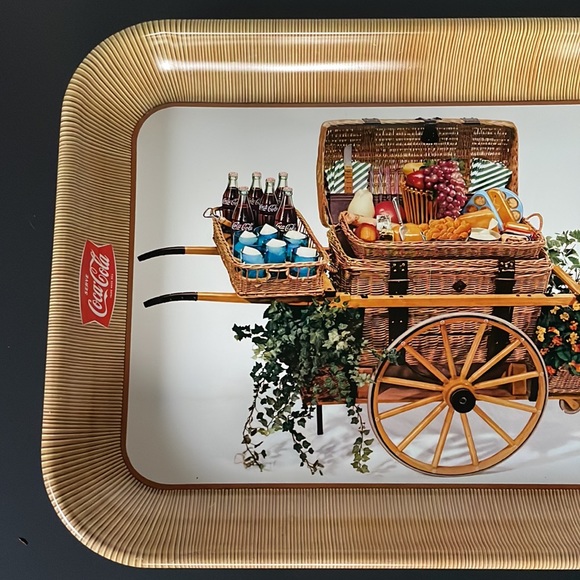 Coca Cola Tin Serving Tray Garden Cart Picnic Basket Coke Collectible Vintage - Picture 3 of 5